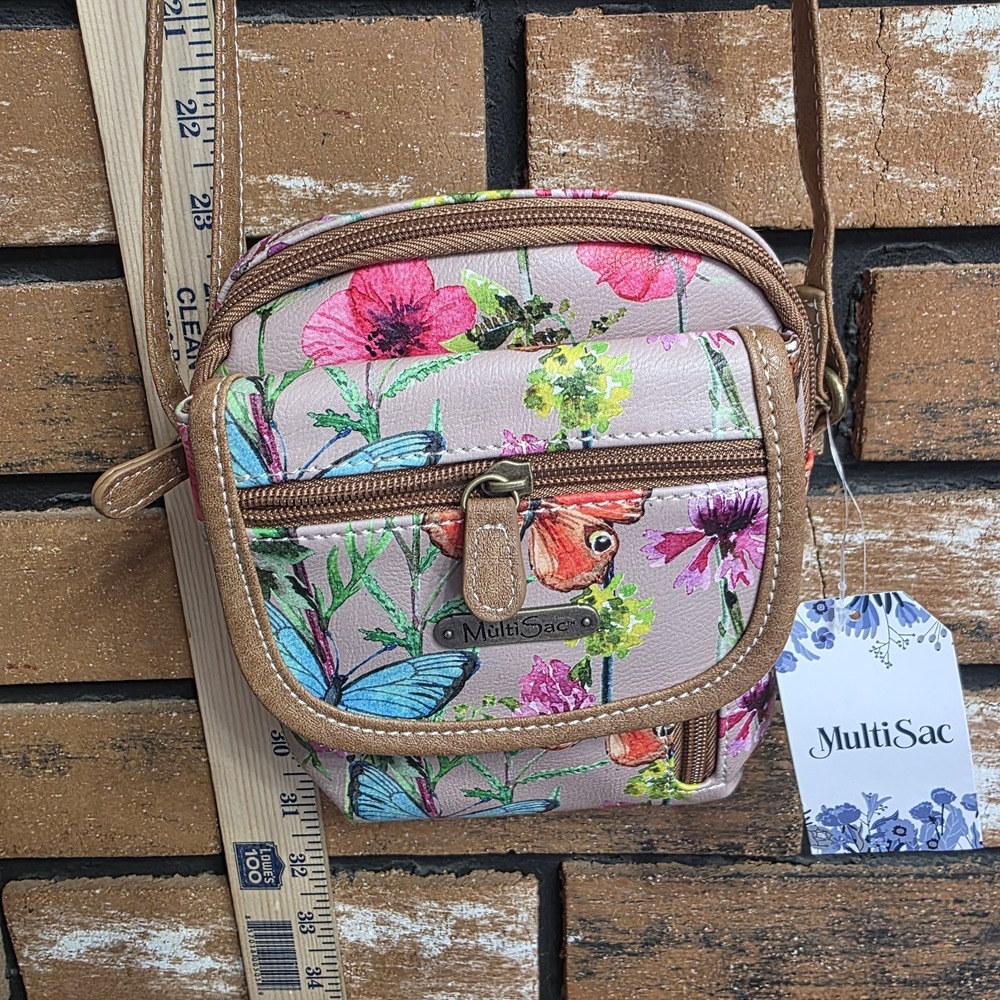 NEW MultiSac Crossbody Purse Spring Floral Butterfly Tan Everest Mini Crossbody - Picture 2 of 9